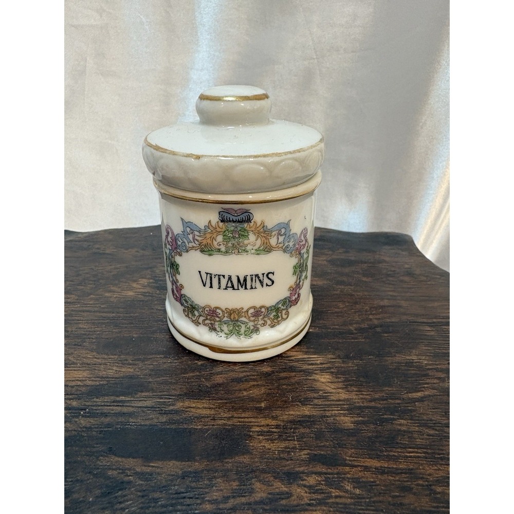 Vintage Small Apothecary Porcelain Ceramic Vitamins Lidded Jar, 3" height